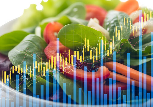 Energy booster of nutrition meal photo of a fresh salad with vibrant vegetables overlaid with a financial stock market graph, symbolizing healthy investment isolated on transparent background - Powered by Adobe