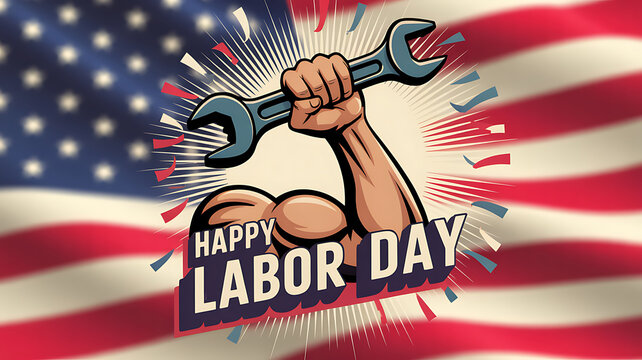 Muscular arm holding wrench against American flag with celebratory confetti labor day celebration