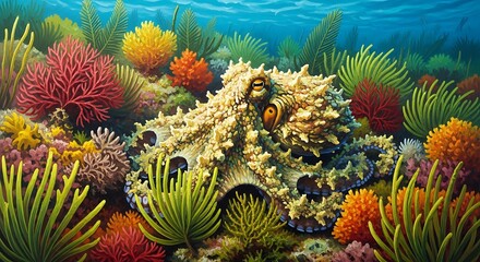 A vibrant octopus rests amidst colorful coral and underwater plants in a detailed ocean scene.