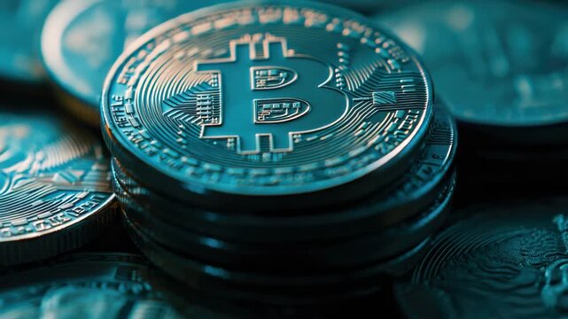 A pile of bitcoin coins stacked on top of each other, digital currency concept