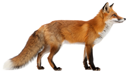 A realistic full-body portrait of a red fox standing gracefully, isolated on a transparent background PNG