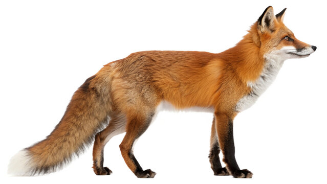 A realistic full-body portrait of a red fox standing gracefully, isolated on a transparent background PNG