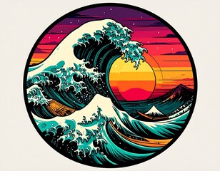 Circular graphic of a large wave, sunset, and mountains