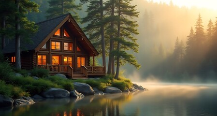 Fototapeta premium Cozy wooden cabin nestled by a misty lake at sunrise