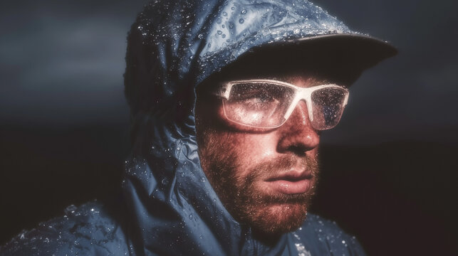 Male hiker wearing sunglasses and a windbreaker in rainy weather in the mountains. Hiking and mountain trekking.