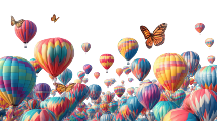 Colorful hot air balloons fill the sky, with butterflies