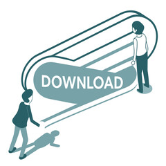 Fototapeta premium Two people interacting with a large download button in a modern isometric design style
