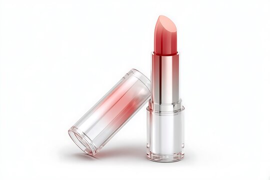 Achieve gorgeous lips with this elegant, modern lipstick featuring a vibrant coral shade and sleek metallic packaging perfect for beauty campaigns