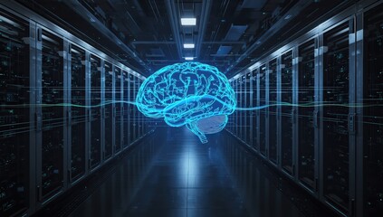 Artificial intelligence brain in server room shows the power of data processing and machine learning, highlighting the importance of technology in the modern world