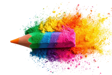 Colorful pencil exploding in vibrant powder
