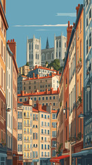 Obraz premium vector illustration, Cityscape of Lyon in France, attractive touristic advertisement poster, beautiful touristic must-see destination. Beautiful tourist destination, in western europe. Travel destina