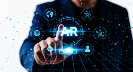 Man's Finger Touching Augmented Reality AR Interface with Icons technology digital