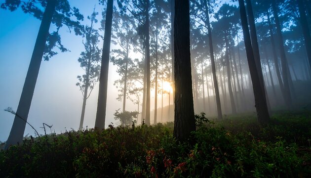 Misty morning in a pine forest
