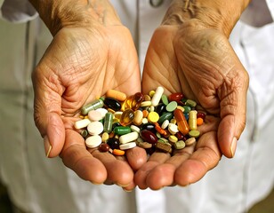 Elderly hands holding assorted pills