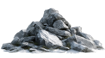 Pile of gray rocks on a base of snow
