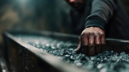 A worker s hand carefully inspects raw dark minerals or coal fragments within a dimly lit industrial processing environment