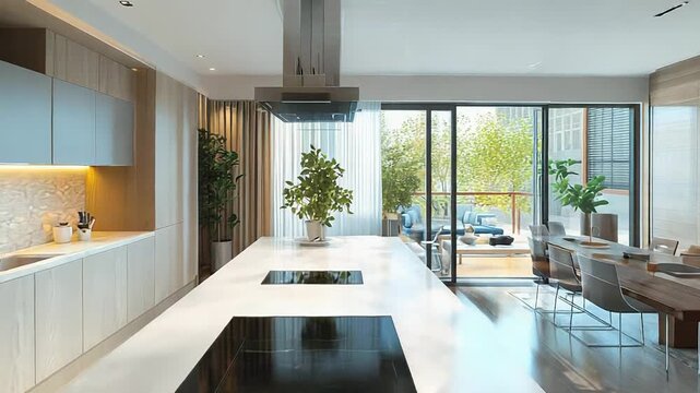 Modern kitchen showing architectural plans with augmented reality software