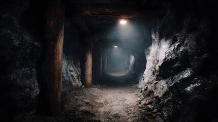 Obraz premium An atmospheric view inside a dark ancient underground mine tunnel illuminated by dim lights and supported by sturdy wooden beams and posts