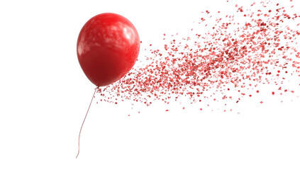 A red balloon dispersing into a cloud of tiny red particles
