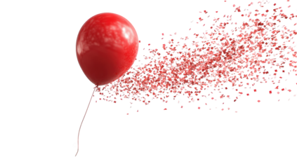 A red balloon dispersing into a cloud of tiny red particles