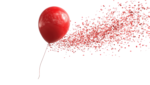 A red balloon dispersing into a cloud of tiny red particles