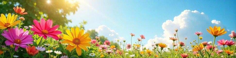 Serene Summer Afternoon Vibrant Flowers in Full Bloom under Sunny Skies, Perfect for Relaxation and Leisure