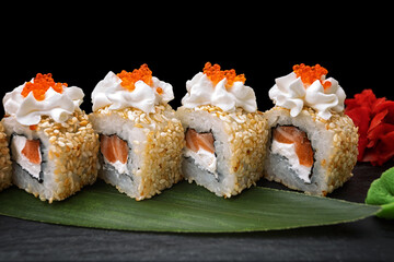 Closeup sushi roll with salmon