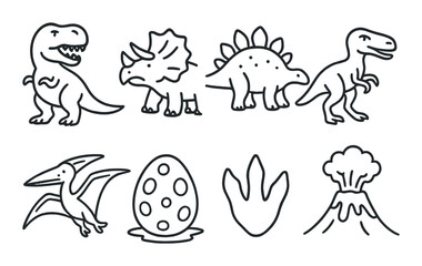 Dinosaur outlines: t-rex, triceratops, stegosaurus, velociraptor, pterodactyl, egg, footprint, volcano