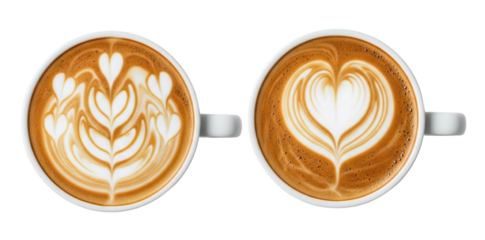 Two coffee mugs display unique heart-themed latte art on a clean white background, perfect for design and coffee-related projects.