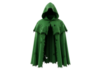 A vividly green hooded cloak, adorned with decorative patterns and distressed edges, is displayed against a stark black backdrop.