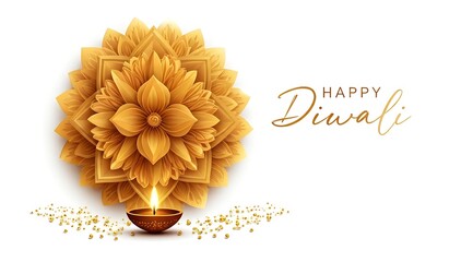 Illustration of a traditional Happy Diwali greeting with a lit diya and flower petals on a white background