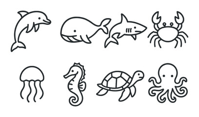 Outline illustrations of marine animals: dolphin, whale, shark, crab, jellyfish, seahorse, turtle, octopus