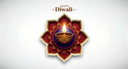 Naklejka premium Happy Diwali greeting card with a traditional diya lamp on a red and gold decorative background