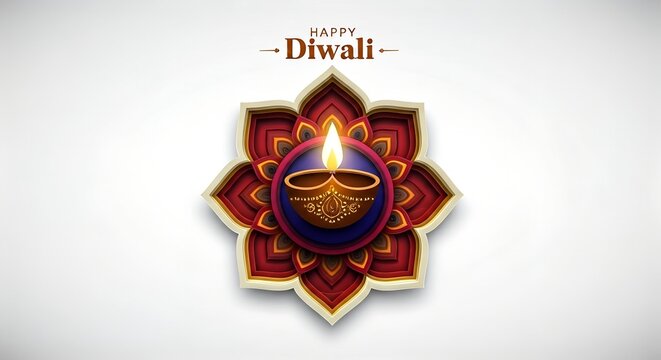 Happy Diwali greeting card with a traditional diya lamp on a red and gold decorative background