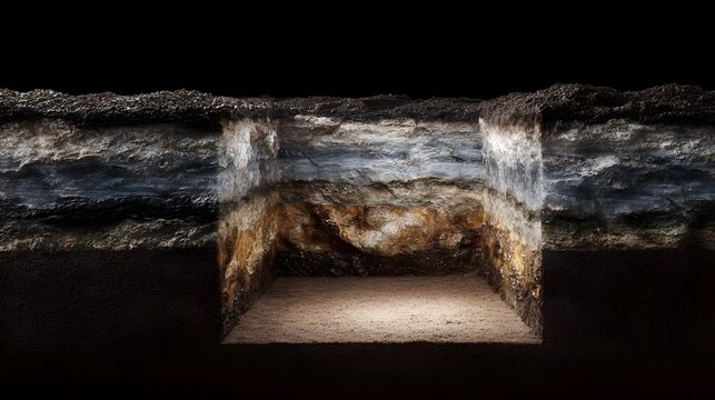 Detailed geological cross section revealing subterranean earth layers with distinct rock strata and rich brown orange ore veins in a deep excavation