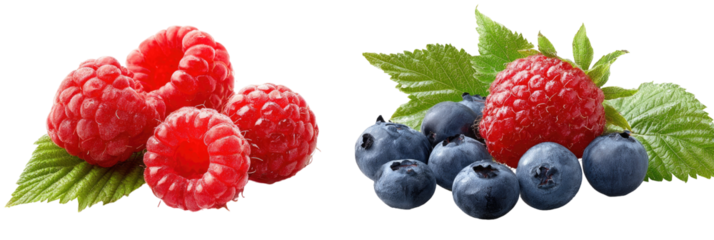 Fresh raspberries and blueberries with leaves