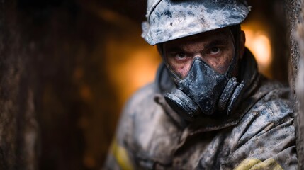 Worker in protective gear hardhat and respirator in a dark confined industrial tunnel with an intense expression highlighting challenging work