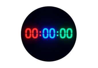 Circular digital timer display with vibrant red, blue, and teal neon numerals against a black backdrop.
