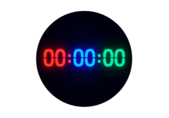 Circular digital timer display with vibrant red, blue, and teal neon numerals against a black backdrop.