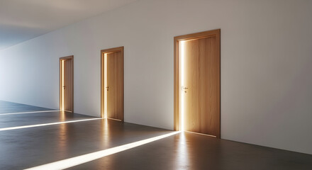 Obraz premium A minimalist composition of a long corridor with three doors leading to bright light