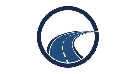 Curving blue road icon with dashed white lines, encircled, symbolizing journey, path, or travel.