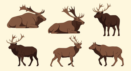 Fototapeta premium Six pixel art illustrations of various deer species and antler styles
