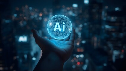 A Hand Holding a Glowing AI Orb Over a City