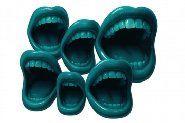 Teal mouths contorting on transparent backdrop, expressing raw emotions through surreal, vivid scream poses