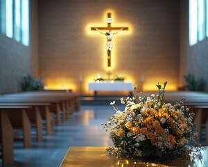 Naklejka premium Modern Religious Monument - Church Interior with Floral Decoration and Illuminated Cross Altar A surreal modern city skyline with glowing religious symbolism, dramatic architecture, spirituality, hope