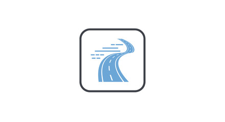 Winding Blue Road Icon with Motion Lines in a Rounded Square Frame.