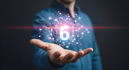 Conceptual image of a hand holding a glowing network with the number six representing innovation