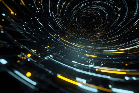 A futuristic background with glowing blue and white lines forming circular patterns, creating an abstract digital grid that appears to lead into the center of a dark portal or tunnel.