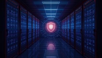 A futuristic server room with a glowing shield in the center, representing cybersecurity and data protection in a modern technology environment
