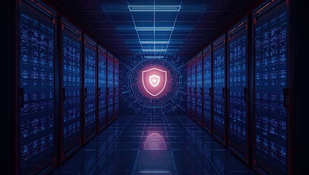 A futuristic server room with a glowing shield in the center, representing cybersecurity and data protection in a modern technology environment